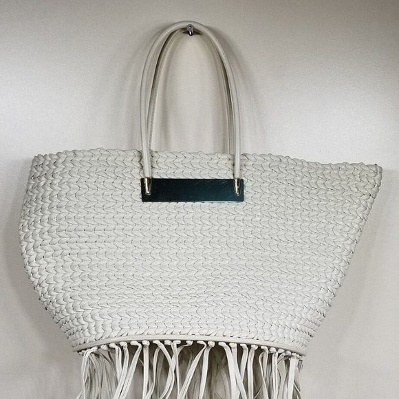 Balenciaga Tresse Calf Fringed Off White Leather Tote - Picture 2 of 13